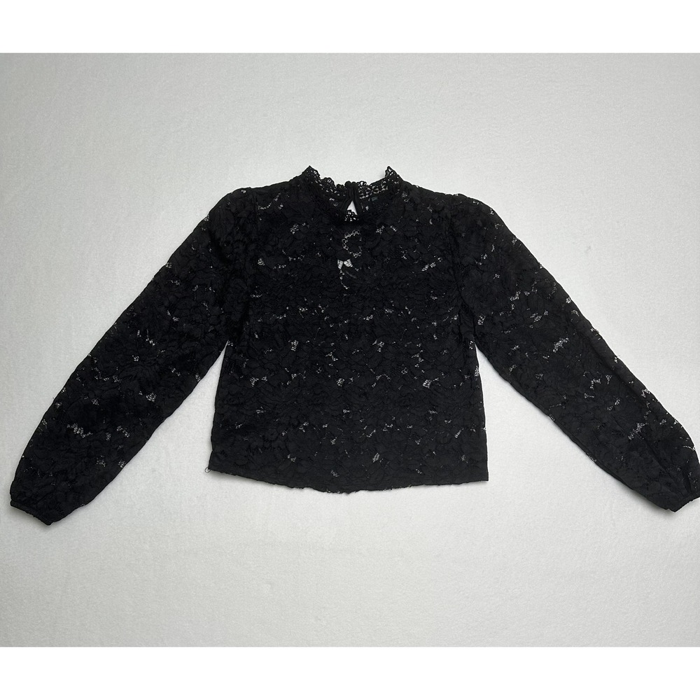 Wild Fable Black Floral Lace High Neck Puff Sleeve Keyhole Back Blouse Small